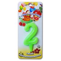 Свеча для торта h35 мм, диз. "Мармеладки. Цифра 2", зел., 1 шт/упак 30 шт/кор РОССИЯ 2992